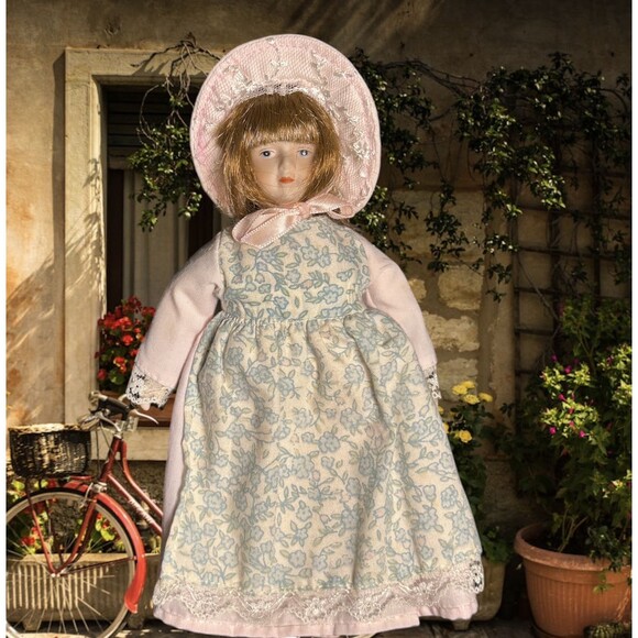 VTG 80s Mini Doll Gorham  Porcelain 7” With Hat And Floral Dress,apron Cottage - Picture 1 of 12